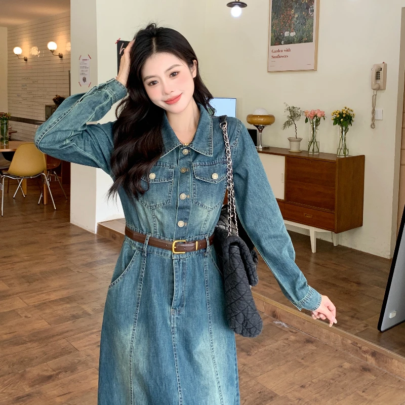 Plus Size Denim Dress Women\'s Casual Long Sleeve Jeans Robe Autumn Winter Female Vestidos with Belt Clothes KE9180