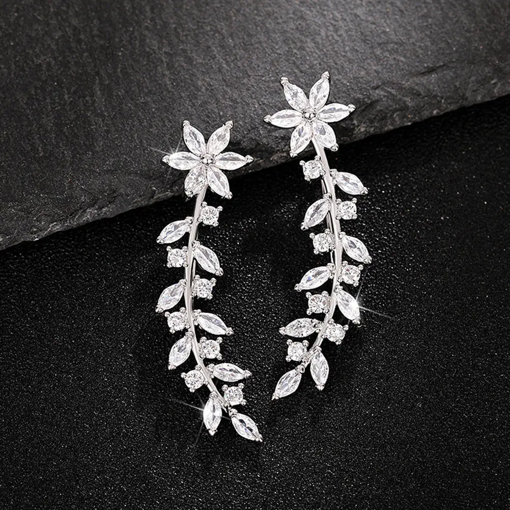 1Pair Flower and Leaf Ear Crawler Earrings Rhinestone Accented Lightweight Climber Studs for Women Aesthetic Daily Wear