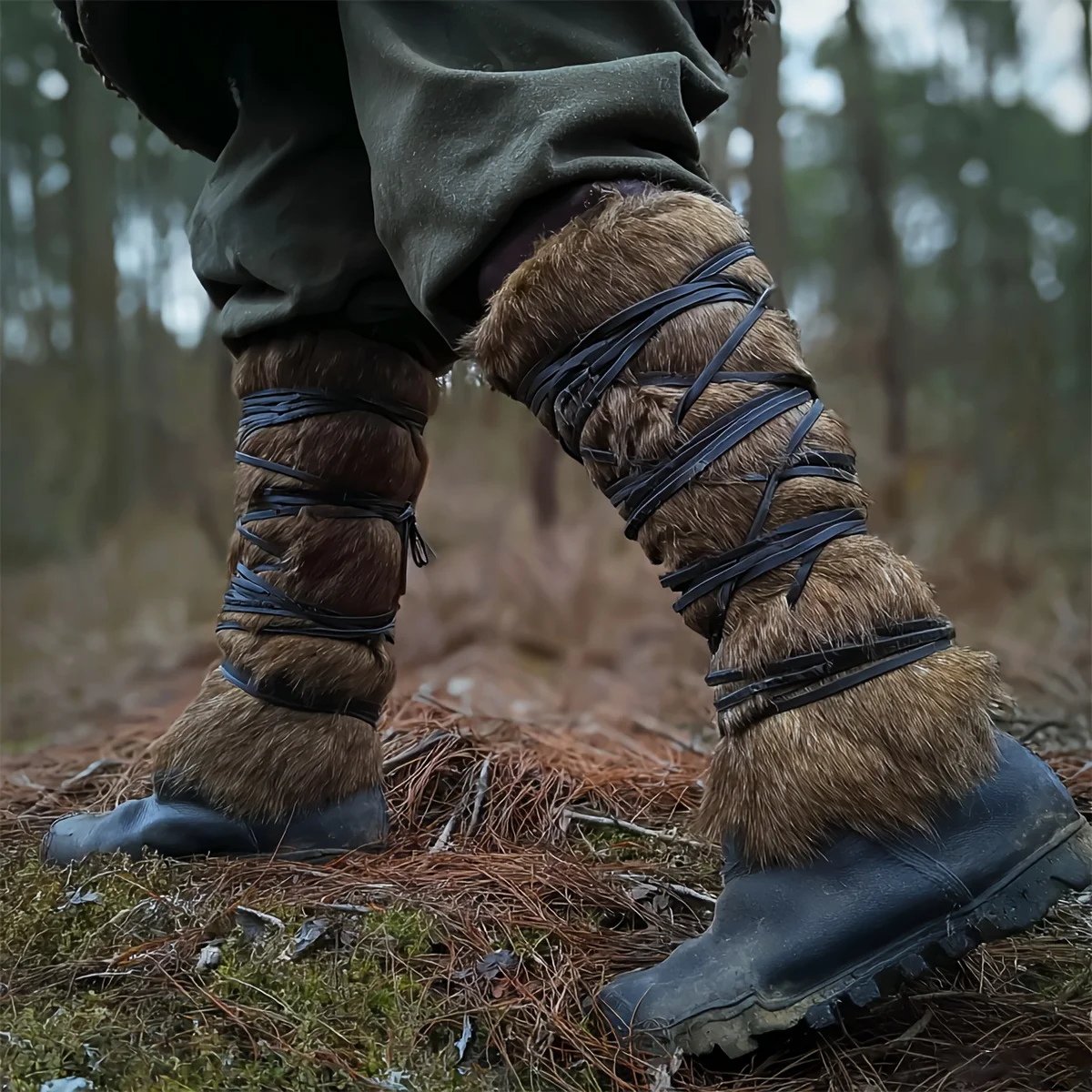Medieval Viking Warrior Faux Fur Boot Covers Pirate Knights Lace Up Leg Warmers Calf Covers Renaissance Costume Accessories