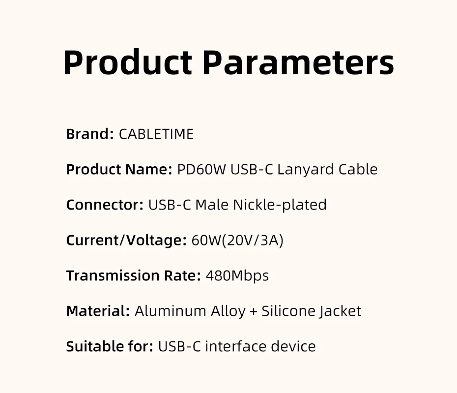 CABLETIME USB-C-Kabel PD60W Schnellladung Schlüsselband Typ-C-Kabel 480Mbps USB 2.0 Schnelle Übertragungsgeschwindigkeit Schlüsselanhänger 25g für Smartphones – Detail 14