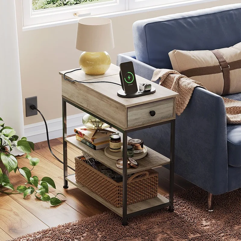 Side table with socket, side table with cloth flip cover, sofa side storage table