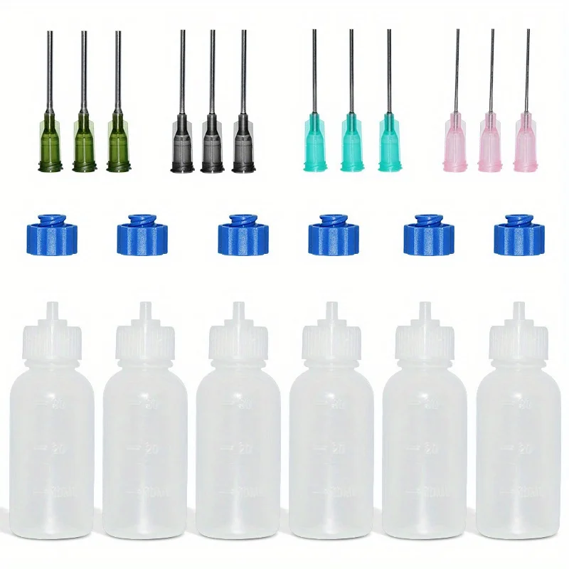6 Pack 30ml Squeeze Dispensing Bottles With Mixed Blunt Needle Tips & Extra Sealing Caps For Glue Oil Paint Rosin Flux DIY