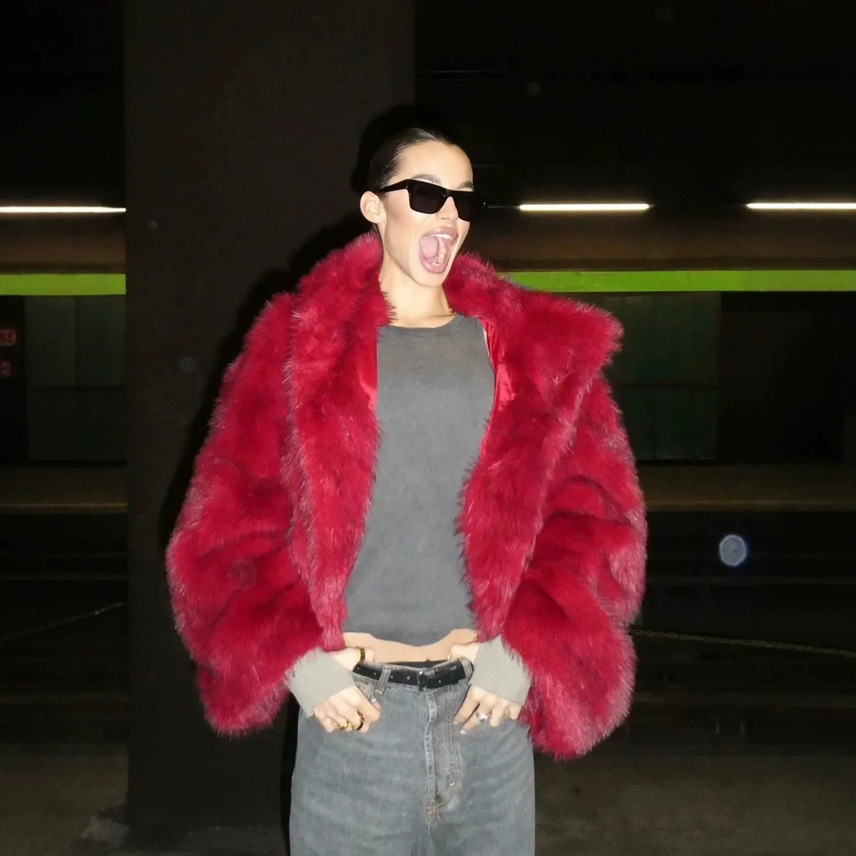 Red Luxury Faux Fur Cardigan Coat Women Long Sleeve Round Neck Cropped Loose Short Jacket Winter Daily Warm High Street Outwear