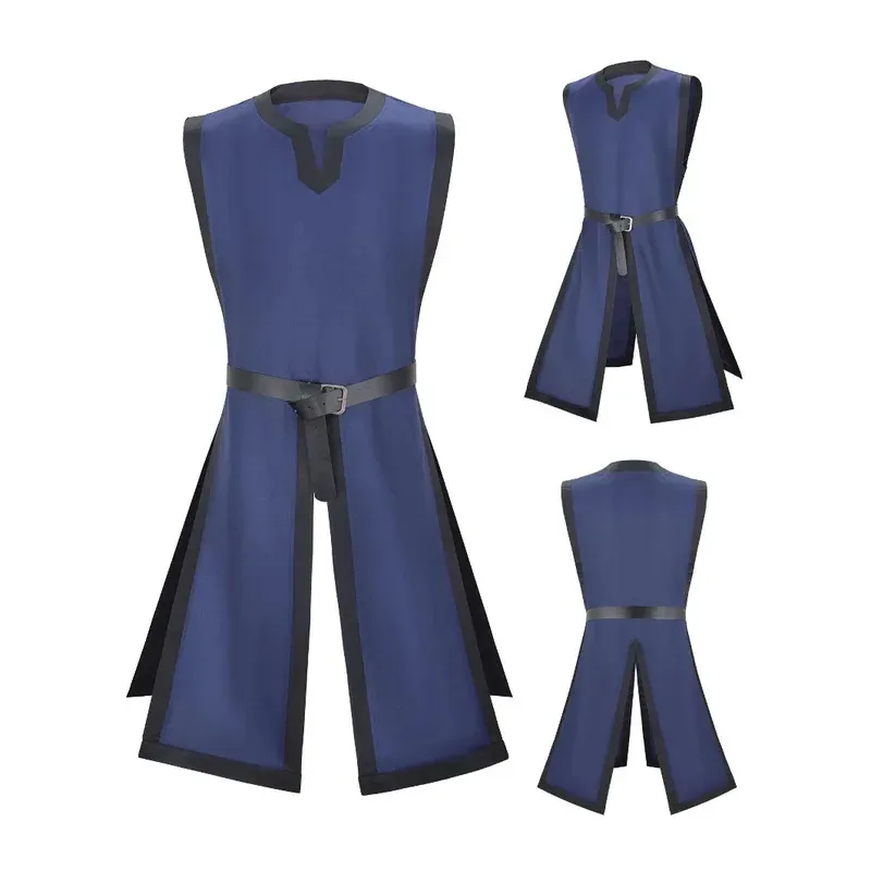 Camisa tipo túnica vikinga Medieval, cuello en V, sin mangas, con cinturón, actuación de Cosplay renacentista, disfraz de fiesta de Halloween, traje de guerreros 5f