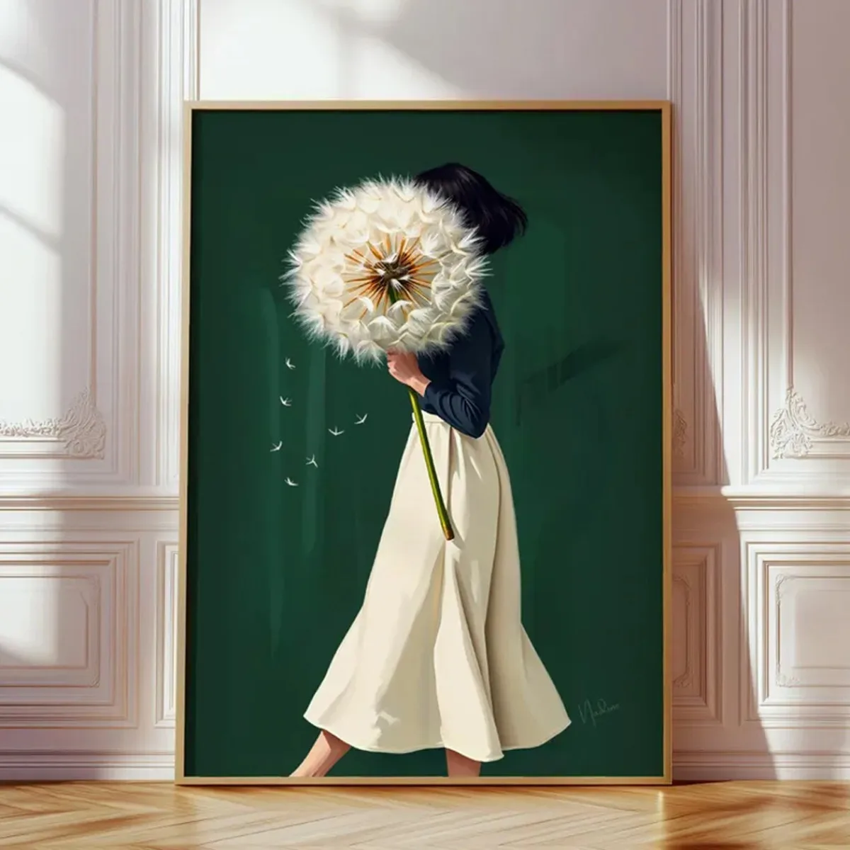 Smaragdgrüne Frau mit Löwenzahn Leinwanddrucke Poster moderne minimalistische abstrakte Kunstdrucke Wohnzimmer Wandkunst Heimdekoration