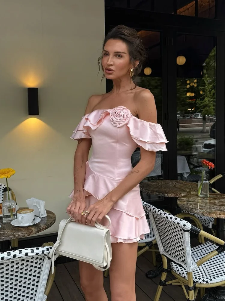 Irregular rosa mancha sem alças mini vestido feminino chique 3d flor em camadas babados a linha vestidos 2025 senhora férias festa robes