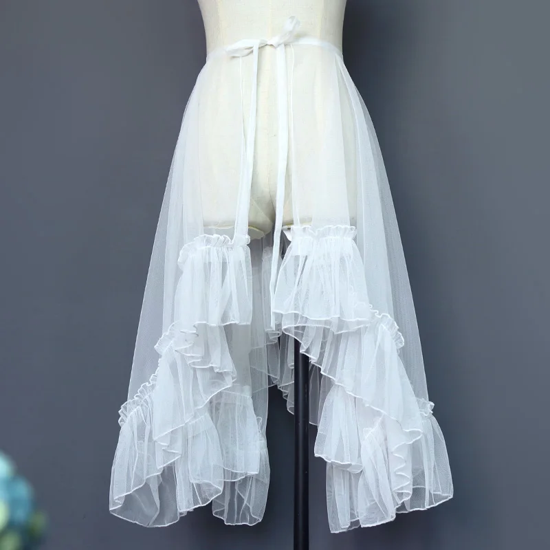 Sweet Lolita Asymmetrical Ruffled Mesh See Through Skirt Women Kawaii Cute Sheer Mesh Cover Up Curtian Thin Party Skirts