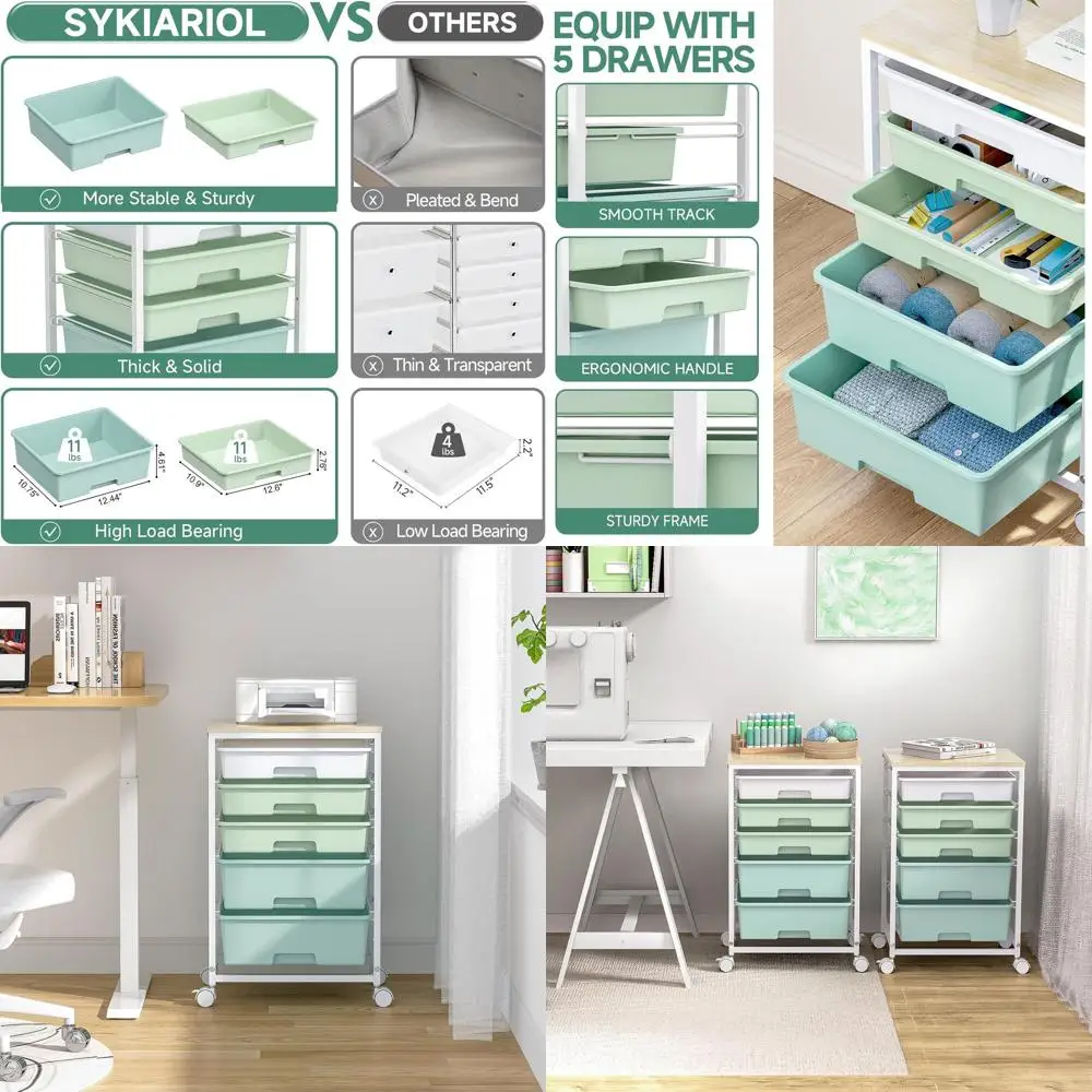 

Green Under-Desk Storage Cart with 5 Drawers and Wooden Top for Organization