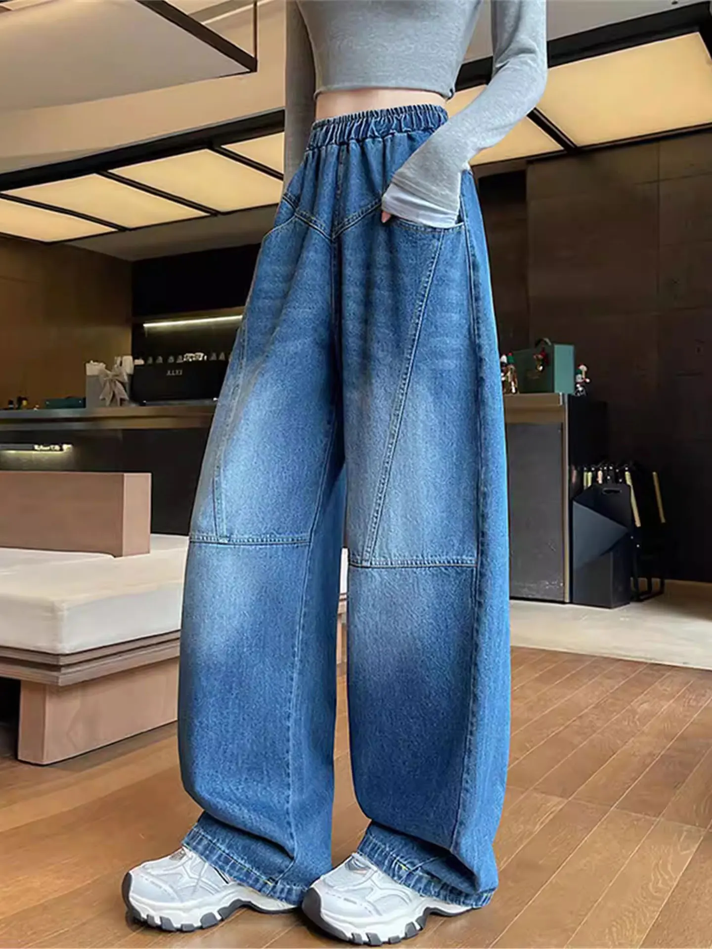 

Blue High Waist Straight Leg Floor-Length Jeans Women's plus Size Comfortable Stretchy Casual Trousers Hong Kong Sle
