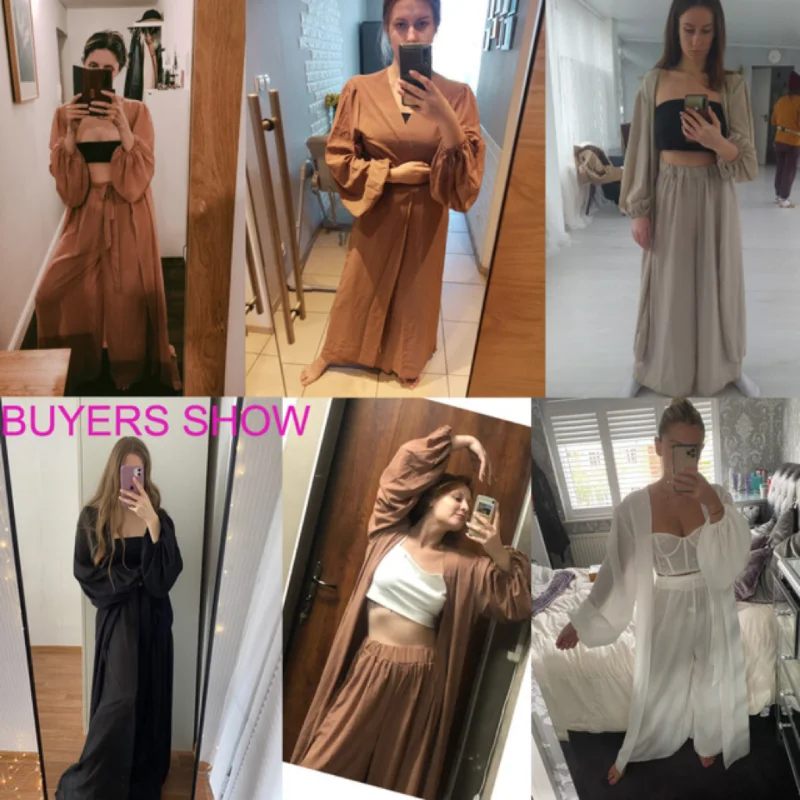 Home Furnishing Fashion Wide Leg Pants Spring Summer American Women's Clothing Sexy Outerwear Lantern Sleeves 3-piece Set