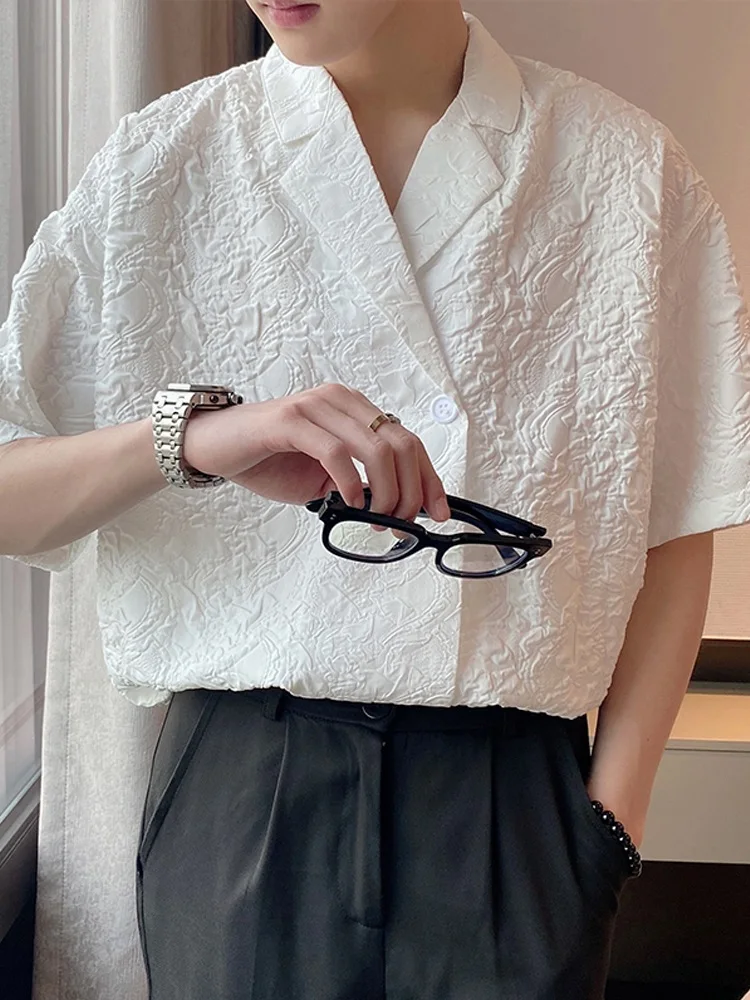 

White Pred Flower Cuban Collar irt Men's Design Texture Inner Wear High End ort Sve irt Youth Summer Faion