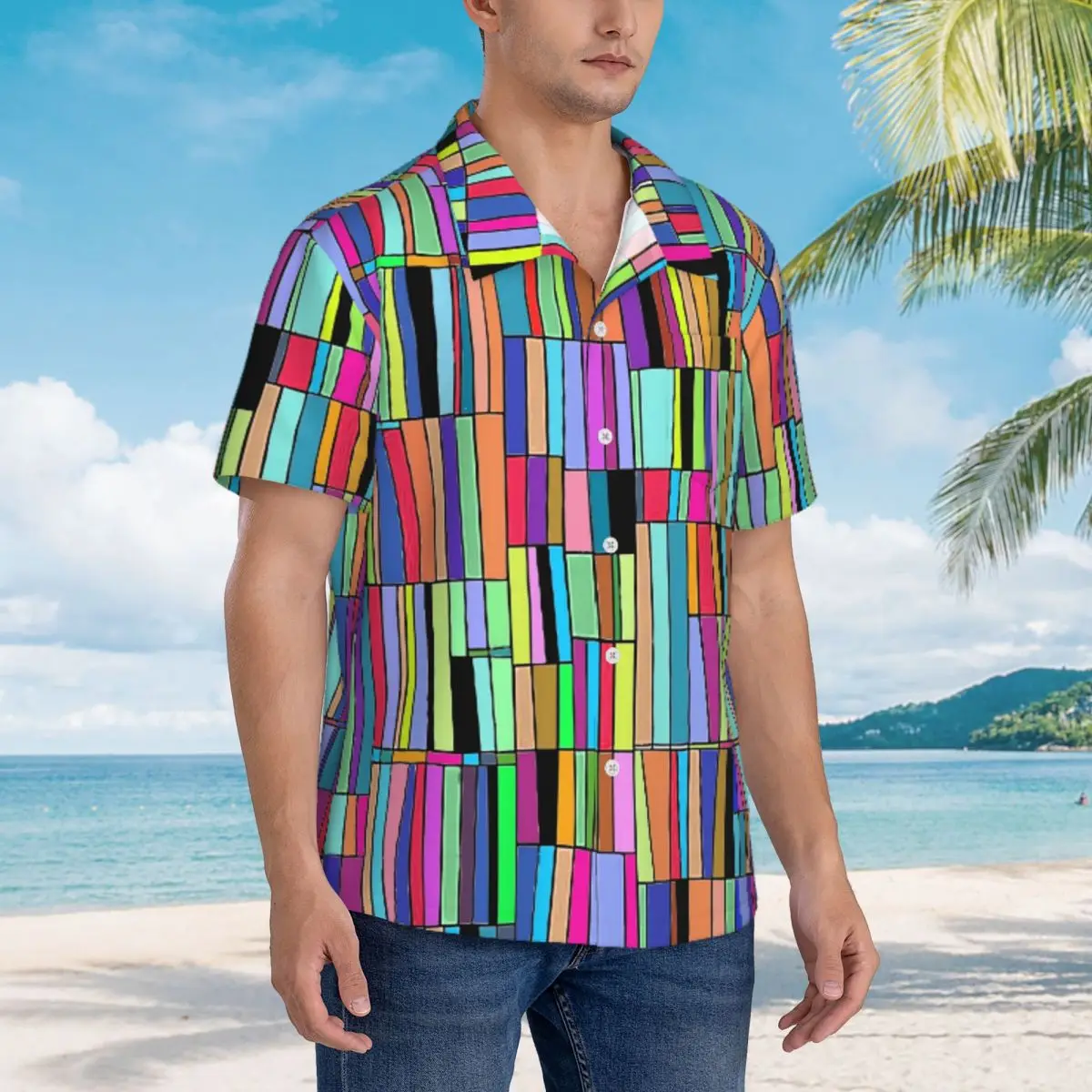 Hawaii Shirt Beach Colorblock Blouses Abstract bookshelf Vintage Casual Shirts Male Short-Sleeve Street Style Top