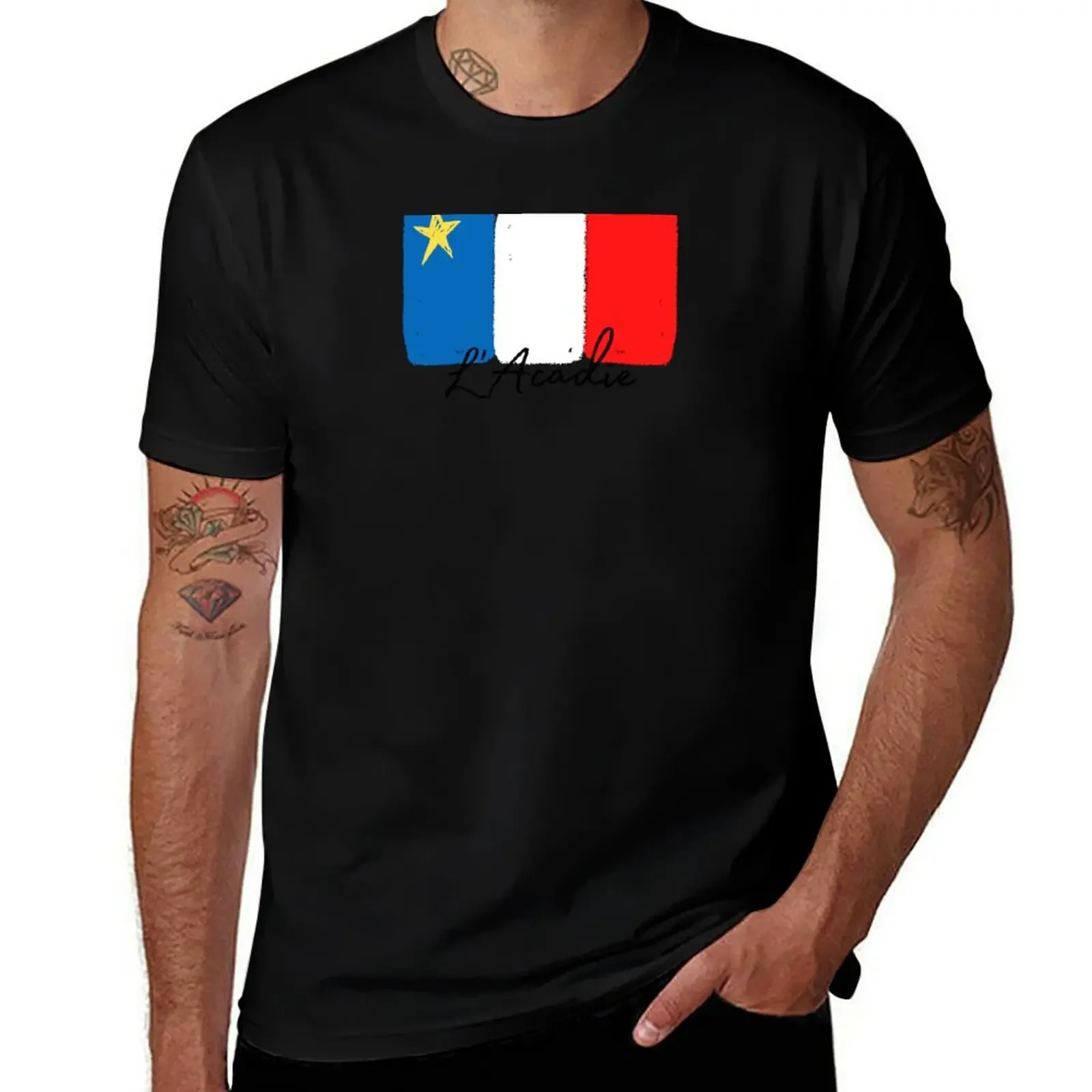 Acadian Flag (Painted Style with French L'Acadie text) T-Shirt boys whites graphic shirts men t shirt