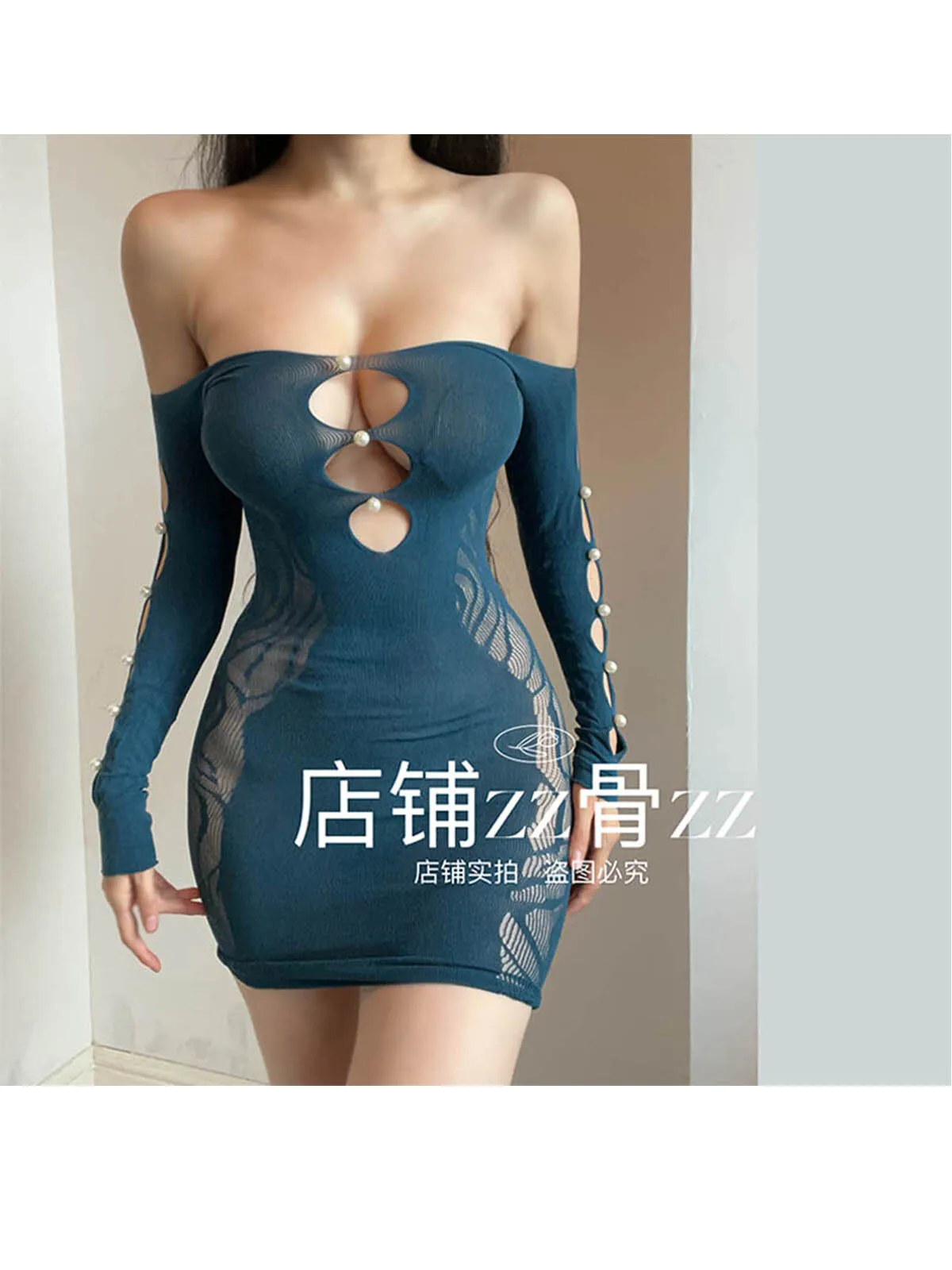 Nova malha feminina emenda fora do ombro elástico hip abraçando transparente sexy hip manga longa vestido elegante azul doce topo 6x36