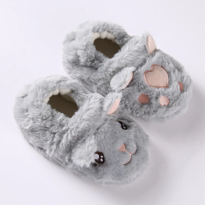 New Toddler Girls Slippers for Winter Baby Loafers Plush Warm Cartoon Cat Paw Rubber Sole Child Home Shoes Kids Indoor Footwear