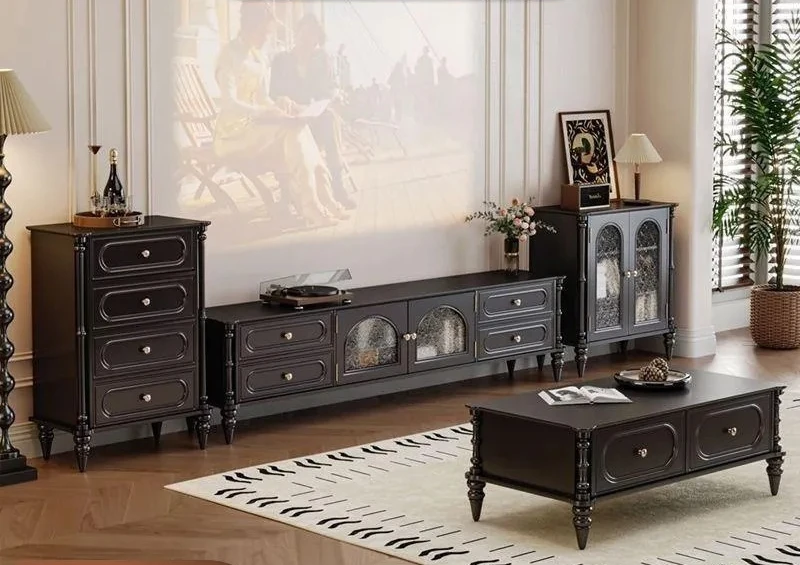 Retro French TV Stand Coffee Table Combo Solid Wood Living Room Storage Cabinet Floor Locker for Small Apartment Home