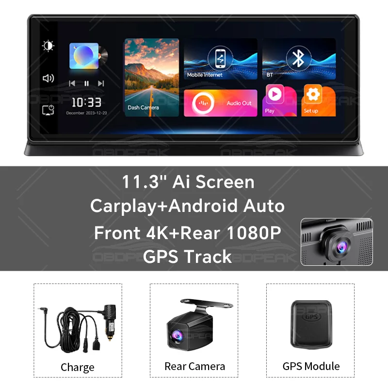 K2 Pro 11.3 "Auto DVR 4K Camera Draadloze Carplay Android auto Ai Scherm Dash Cam Dual Len Video recorder GPS Navigatie Dashboard