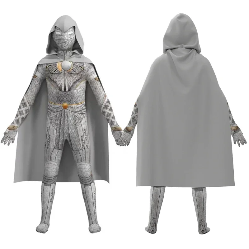 Traje encapuzado tridimensional do cabo do cavaleiro do luar para crianças, calças justas do cosplay, roupa do Dia das Bruxas, 3D