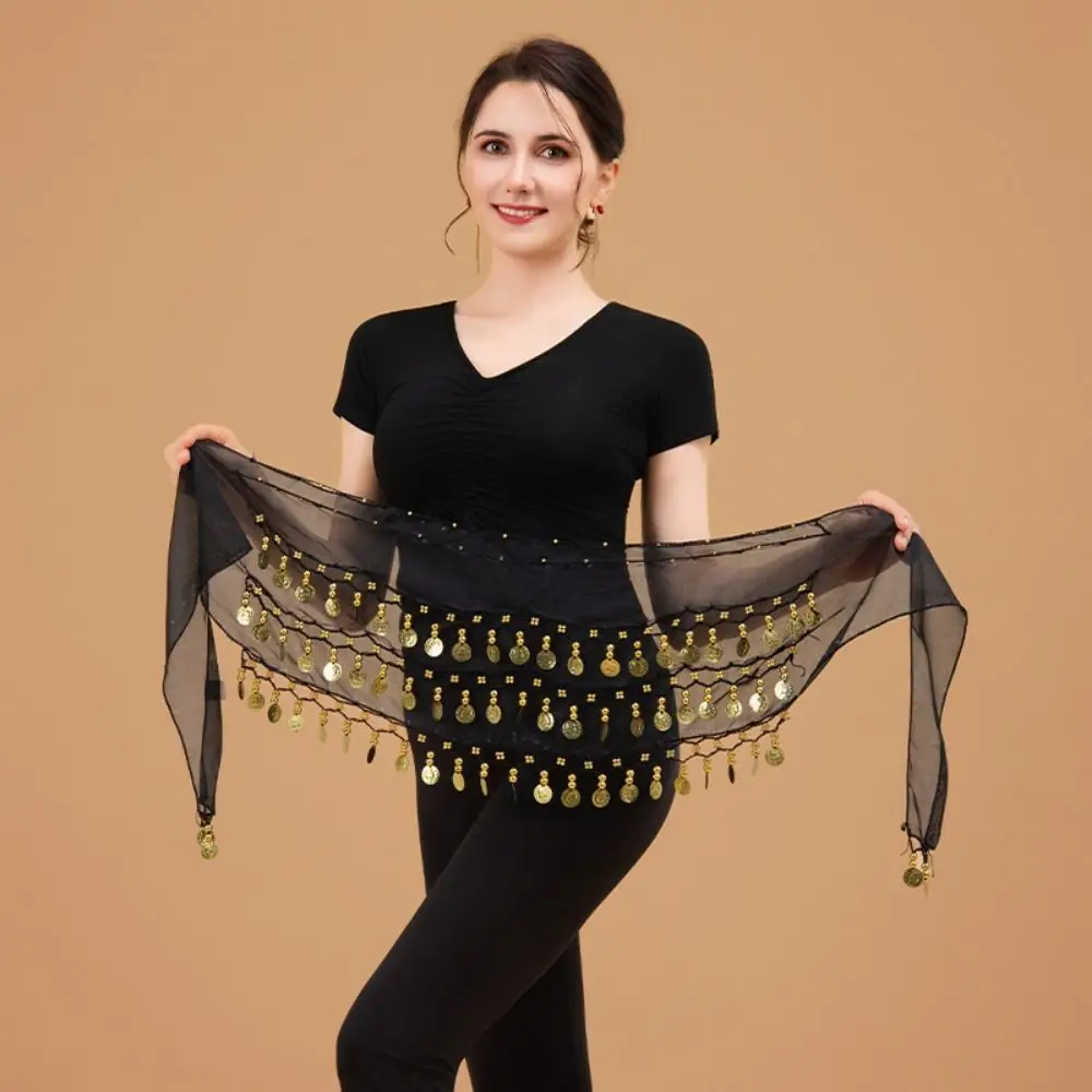 Gold Color Coins Belly Dance Hip Scarf Adjustable Chiffon Material Hip Scarf Wrap Comfortable Fit Three Layers