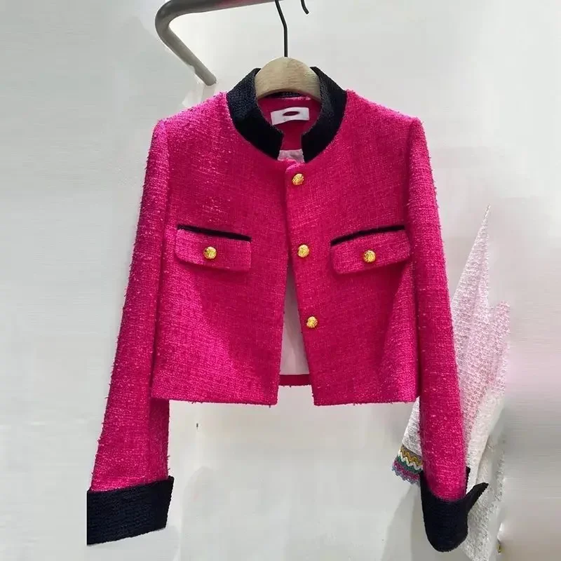 

British style contrasting color edge splicing woolen short coat for women in 2024, small stand up collar chic top outer outfit