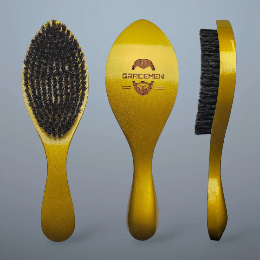 

Волнистая щетка Gracemen золотого цвета 360 для мужчин, средняя жесткость, щетка для волос из кабана + нейлоновой щетины, деревянная ручка для афро-ухода