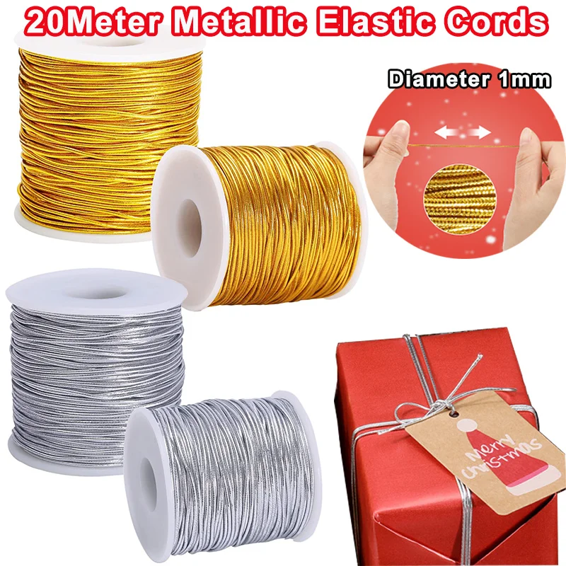 20M/Roll Metallic Elastic Cords Stretch Cord Ribbon Metallic Tinsel Cord Rope Gold Silver Cord for DIY Craft Making GiftWrapping