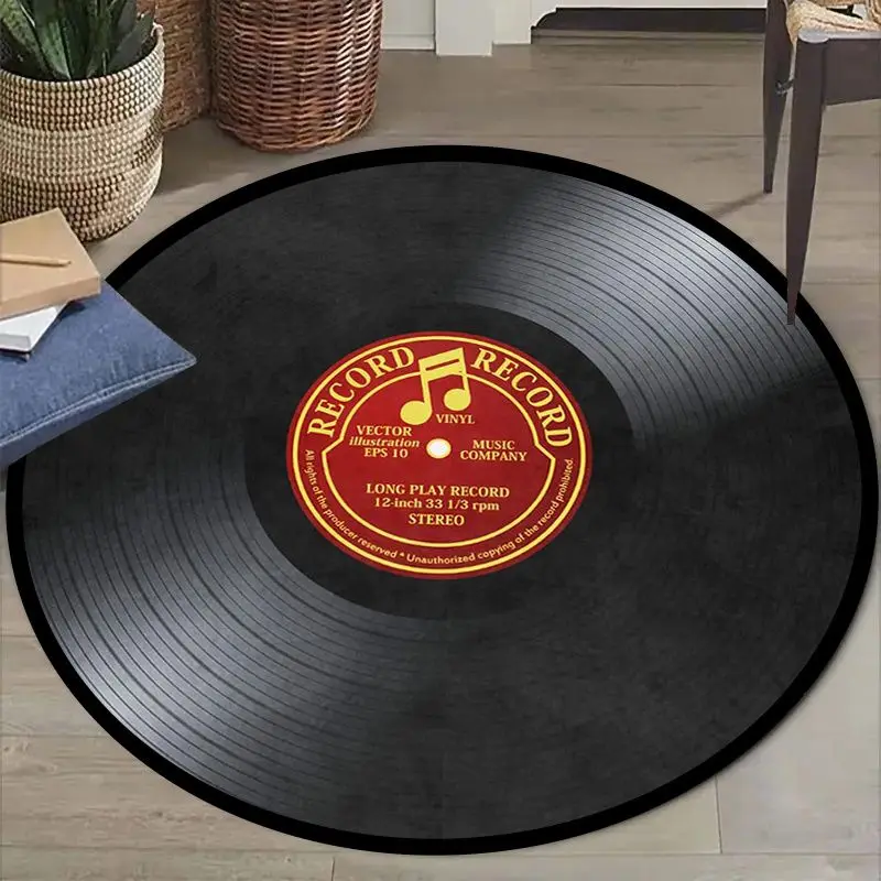 VIKAMA Retro Simulation Vinyl Record Circular Carpet, French Bedroom Light Luxury Floor Mat, Vintage Music Theme Rug