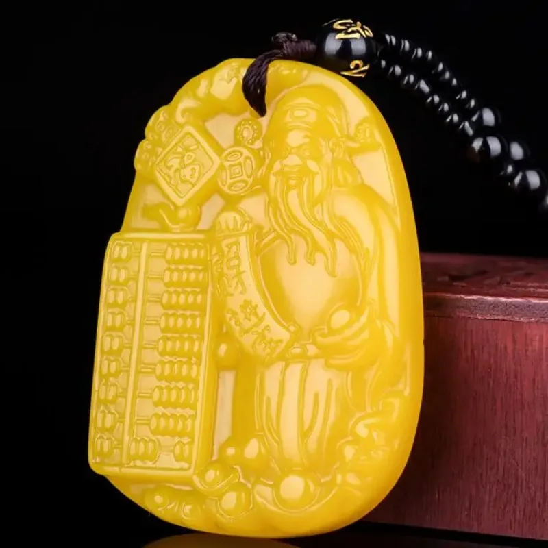 Chinese Yellow Jade Ruyi Abacus God Wealth Pendant Necklace Jewellery Fashion Accessories Hand-Carved Man Woman Luck Amulet New