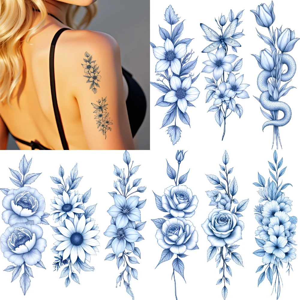 

9pcs Temporary Tattoo Floral Motifs Waterproof Long-lasting Body Stickers Flower Designs Temporary Tattoo Stickers For Ladies