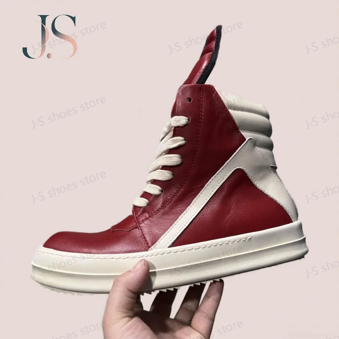 

Ro Luxury Red Leather High Top Shoe Retro Men Sneaker Boots Zipper Cowhide Women Casual Shoes Lace Up Sneakers Ankle Boot