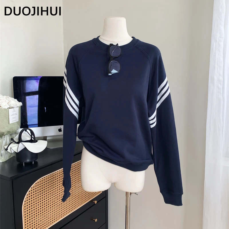 

DUOJIHUI American Vintage Chic Striped Loose Women Hoodies New Casual Long Sleeve Fashion Navy Blue Simple Autumn Female Hoodies