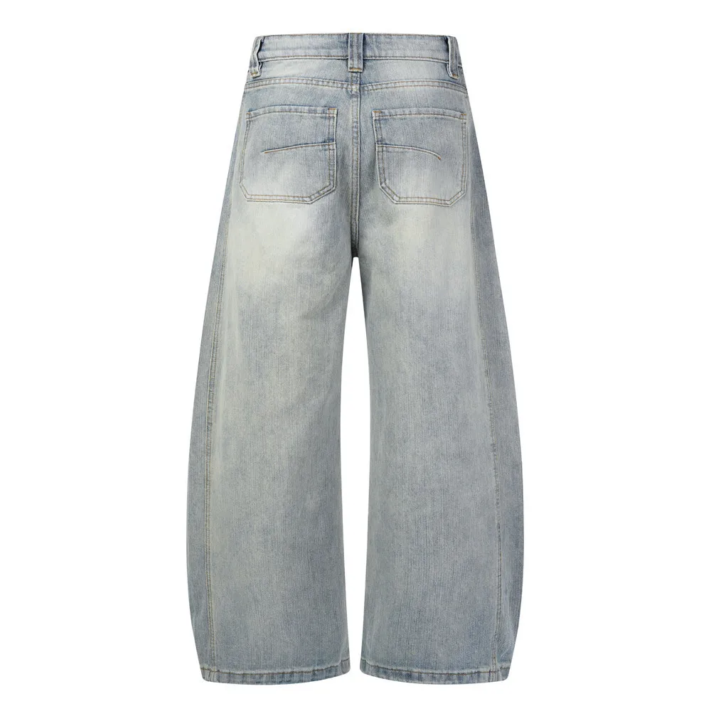 MWJLPWQ Vintage Washed Distressed Wide-Leg Denim Curved Pants For Men Trendy High-Street Design Pleated Silhouette Jeans 20787