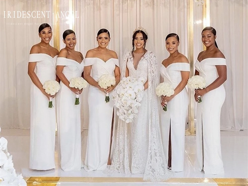 Vestido largo De sirena con hombros descubiertos para mujer, traje De dama De Honor con escote en V, abertura lateral blanca, vestidos De boda iridiscentes