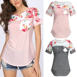 Summer Women Pregnancy Maternity Shirts Maternity Short Sleeve Floral Stripe Nursing T-shirt Top For Breastfeeding для кормления