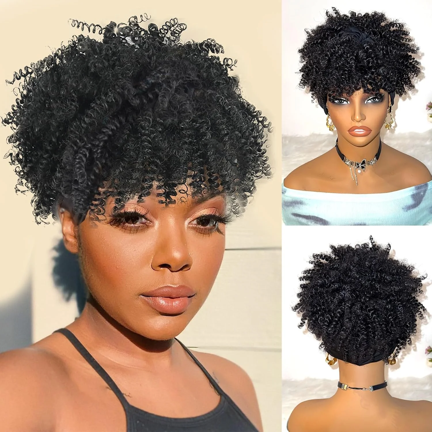 

Kinky Curly Headband Wig Afro Wigs Black Afro Puff Wig With Bangs Wrap 2 in 1 for Women Synthetic Half Wigs High Puff Hair