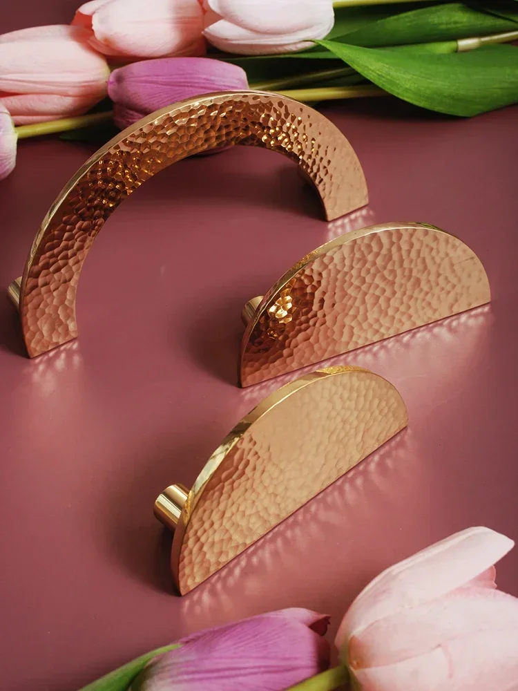 Handmade Hammer Pattern Brass Cabinet Door Handles Light Luxury Wardrobe Simple Golden Half Round Handles for Furniture