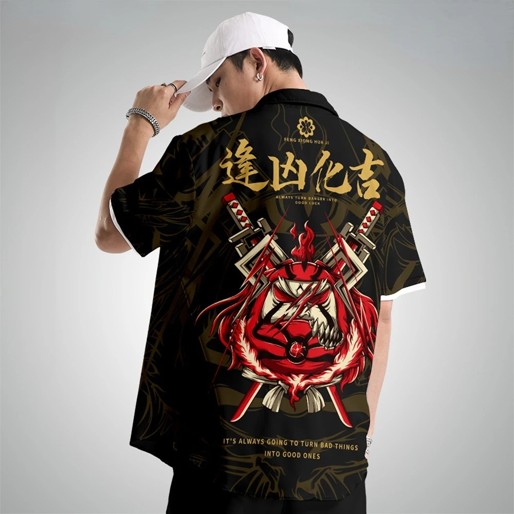 Streetwear Casual Men Oversized Hawaiian Fashion Chinese Style Print Short Sleeve Shirt Harajuku Summer Hip Hop Japanese Shirt