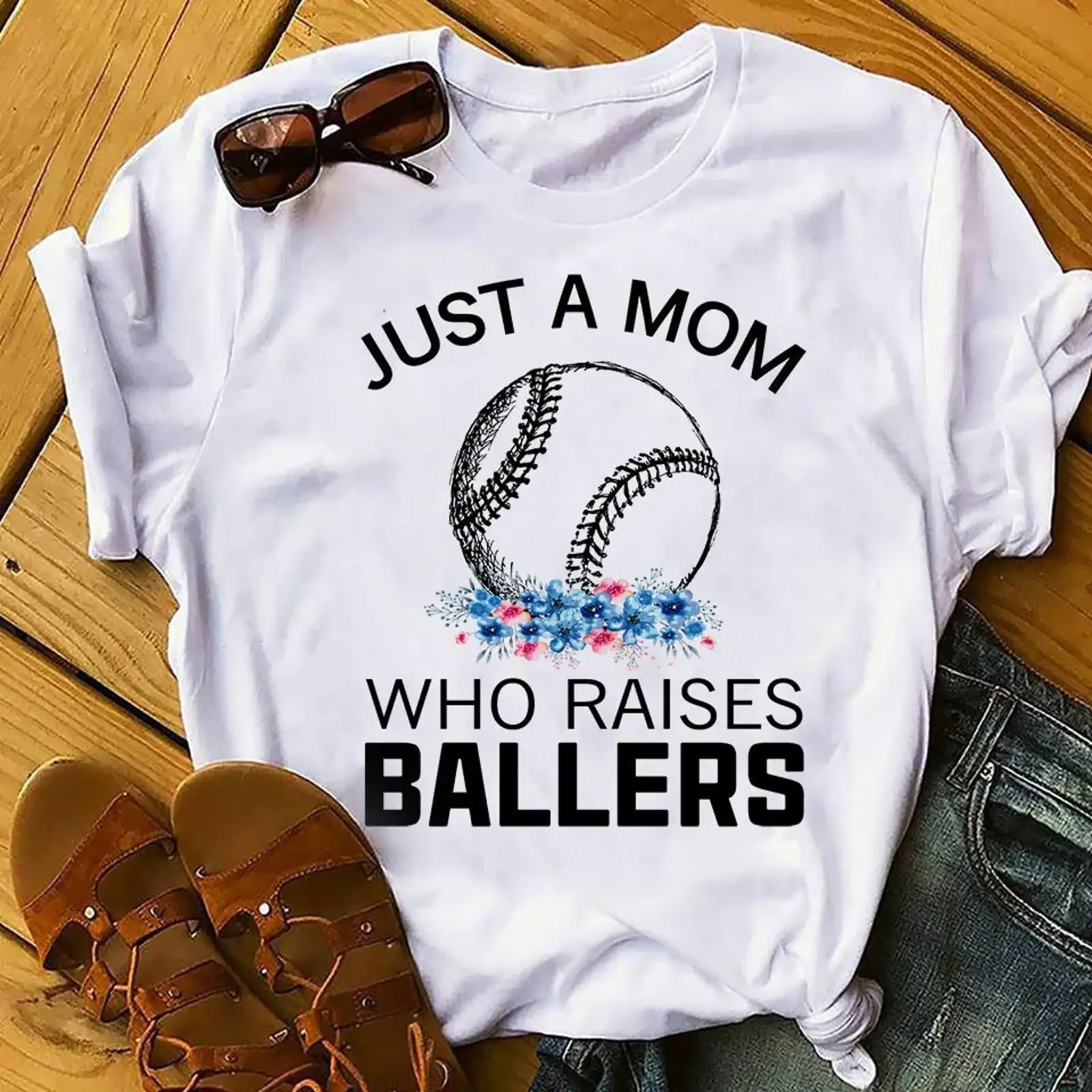 Just A Mom Who Raises Ballers Baseball T Shirt Funny Floral Print Casual  for Game Day Mother's  vintage Washed fashion