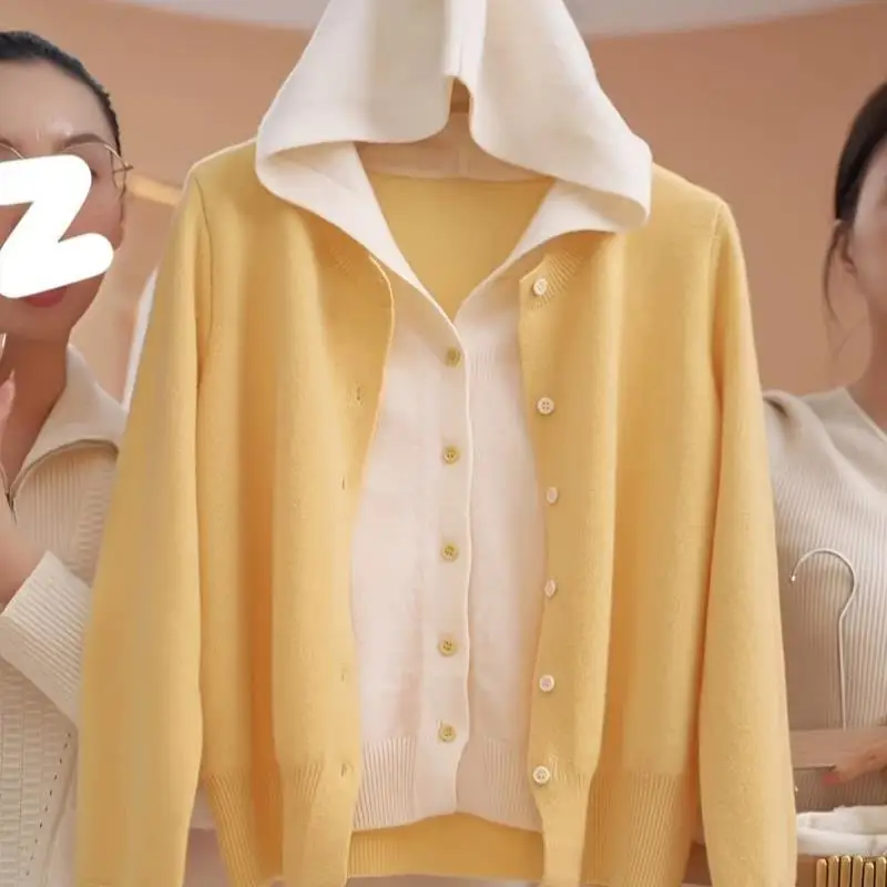 

Ele Women's Long Sve Open Cardigan Fake Two-Piece Set Hooded Knitted Sweater Princ Sve Bright Tead Winter Faion