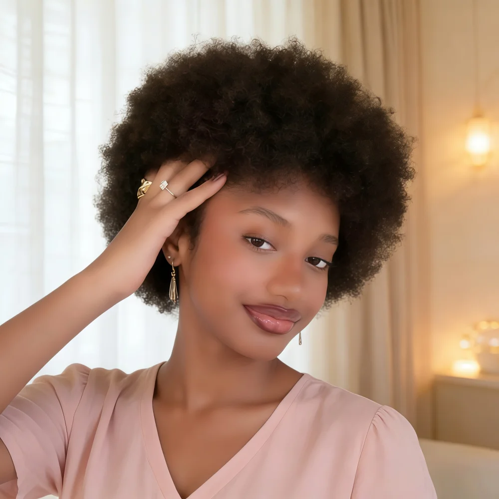 

Парик из натуральных волос Реми, 180% плотность, короткий афро-каре, кудрявый, полностью машинной работы, на сетке-основе Rose Net