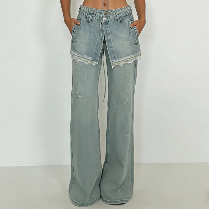 PBAP Wrap Skirt Woman Baggy Jeans Lace Trim Vintage Washed Fake Two-piece Pockets High Waist Straight Pants Korean Retro Clothes