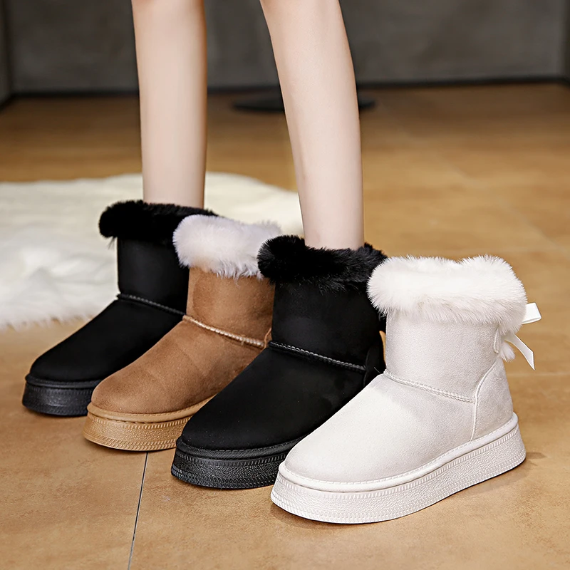 جديد عصري القوس جولة تو أحذية الثلوج أنيقة الشتاء شقة مقاومة للاهتراء لينة الطلاب بالإضافة إلى الأحذية النسائية الدافئة المخملية