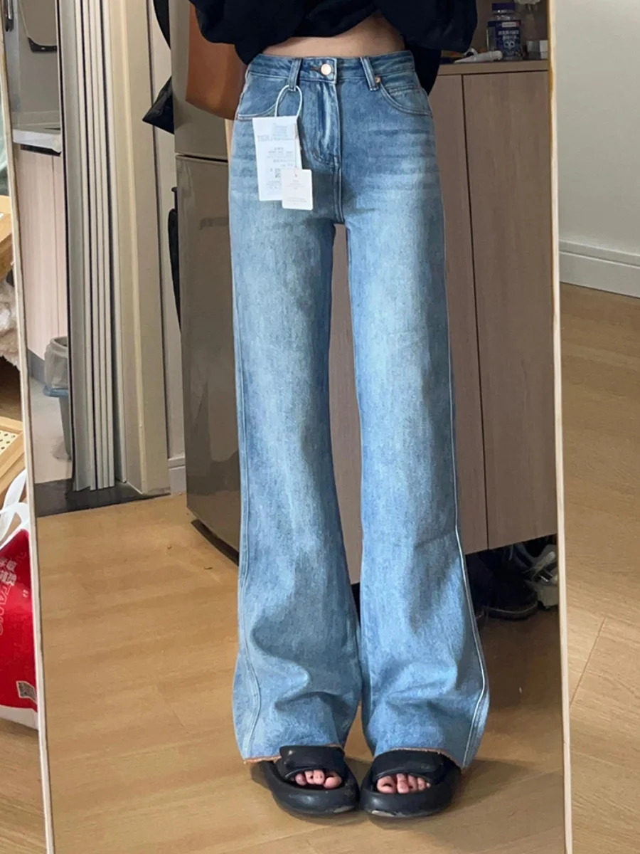 American Sle High Waist Bell Bot Blue Jeans Women's Summer Design Slimming Floor Length Trousers Trendy Wide Leg Pants