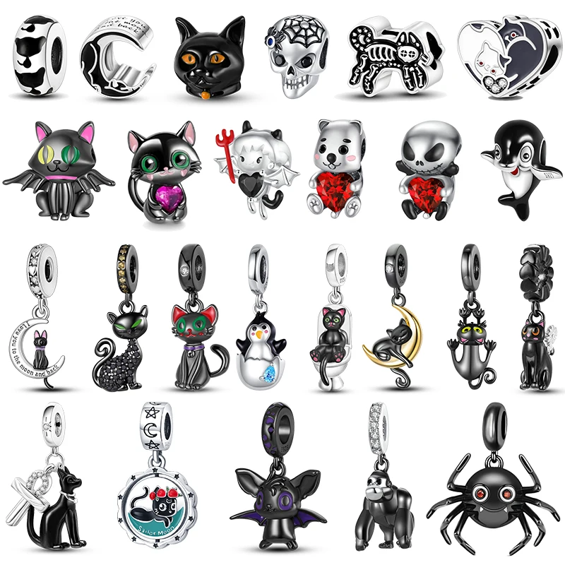 

New 925 Silver Halloween Series Gift Skeleton Black Cat Spider Beads Fit Pandora Original Charms Bracelets Women Jewelry Making