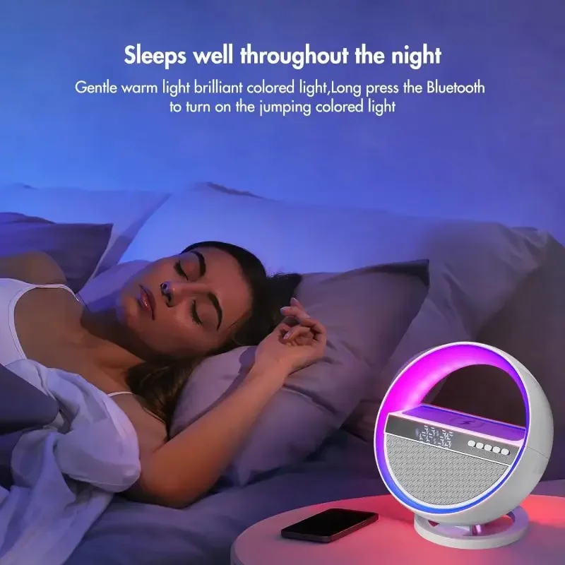 6-in-1 Wireless Charger, Multi-function Bluetooth Speaker, Clock, Alarm Clock FM Radio, Table Lamp, 12-color Ambient Night Light