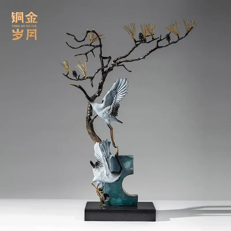 Handmade Brass Crane Statue Vintage Copper Pine Tree Ornament Elegant Metal Bird Figurine Home Decor Gift for Elderly