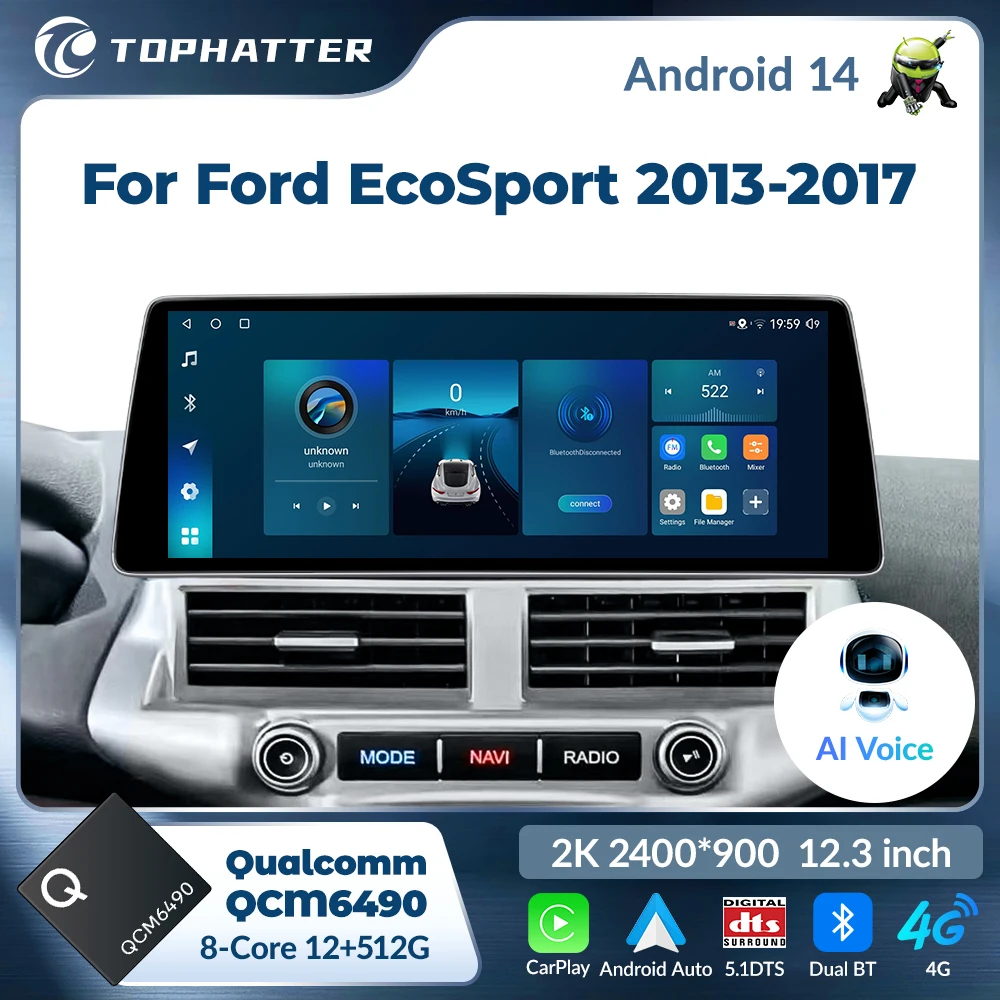 

12.3inch 2K Android 15 Car Radio For Ford ECO Sport 2013-2017 Multimedia Player Stereo Navi GPS QLED Screen 2400*900 Head Unit