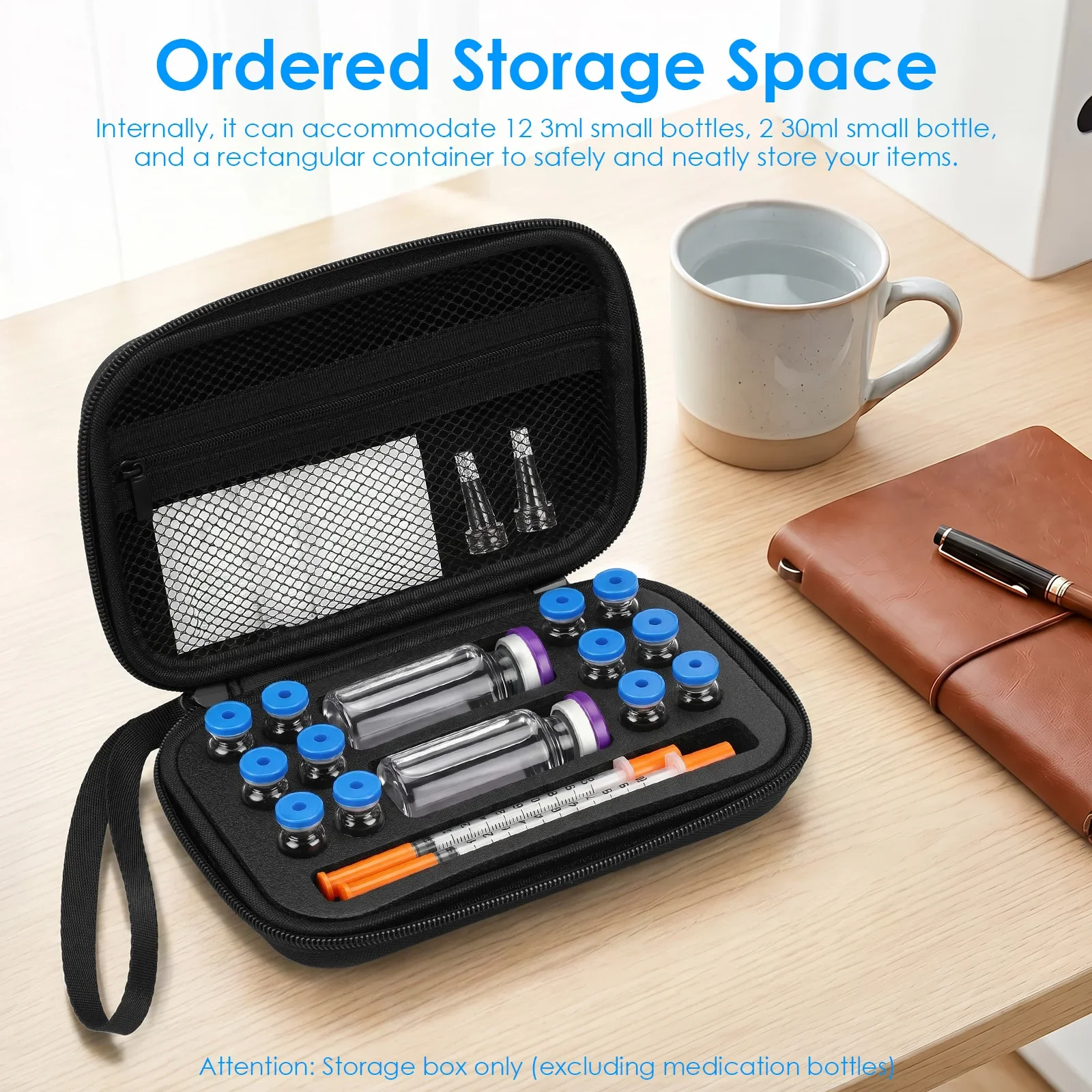 Peptide Case Safe Insulin Vials Storage Box with Precut Foam Slot and Mesh Pocket Portable Organizer Bag for Fridge 3ml and 30ml