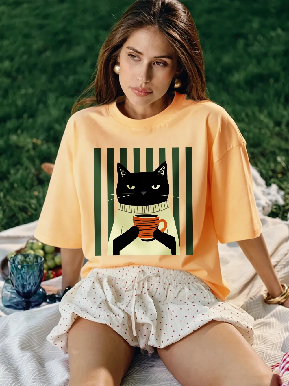 Schwarze Katze Kaffeetassen-Druck Baumwoll-T-Shirts Damen Sommer Oversized Tops Lässige Weiche Kurzarm-T-Shirts Basic O-Ausschnitt Kleidung – Detail 19