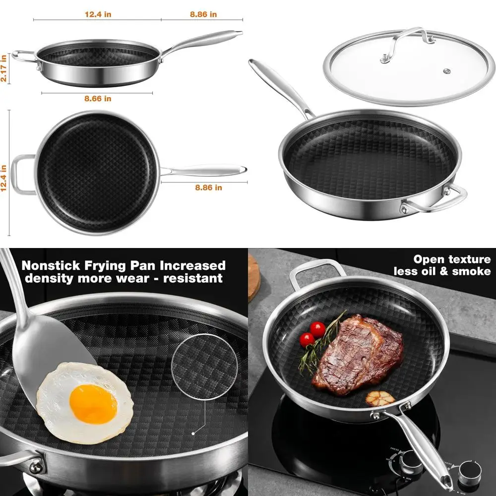 

12-Inch Ceramic-Coated Stainless Steel Frying Pan Set with Lid, Non-Stick, Dishwasher & Oven Safe, Cool-Touch Handles